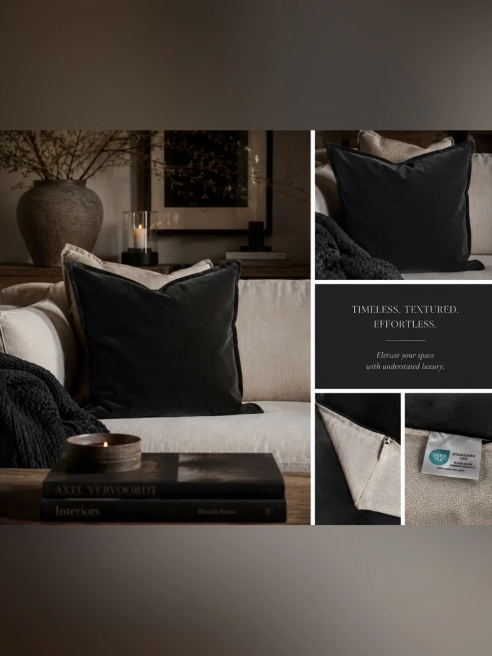 Black Gray Velvet Linen Back Pillow Cover 23x23 Zip OEKO-TEX Modern Luxe